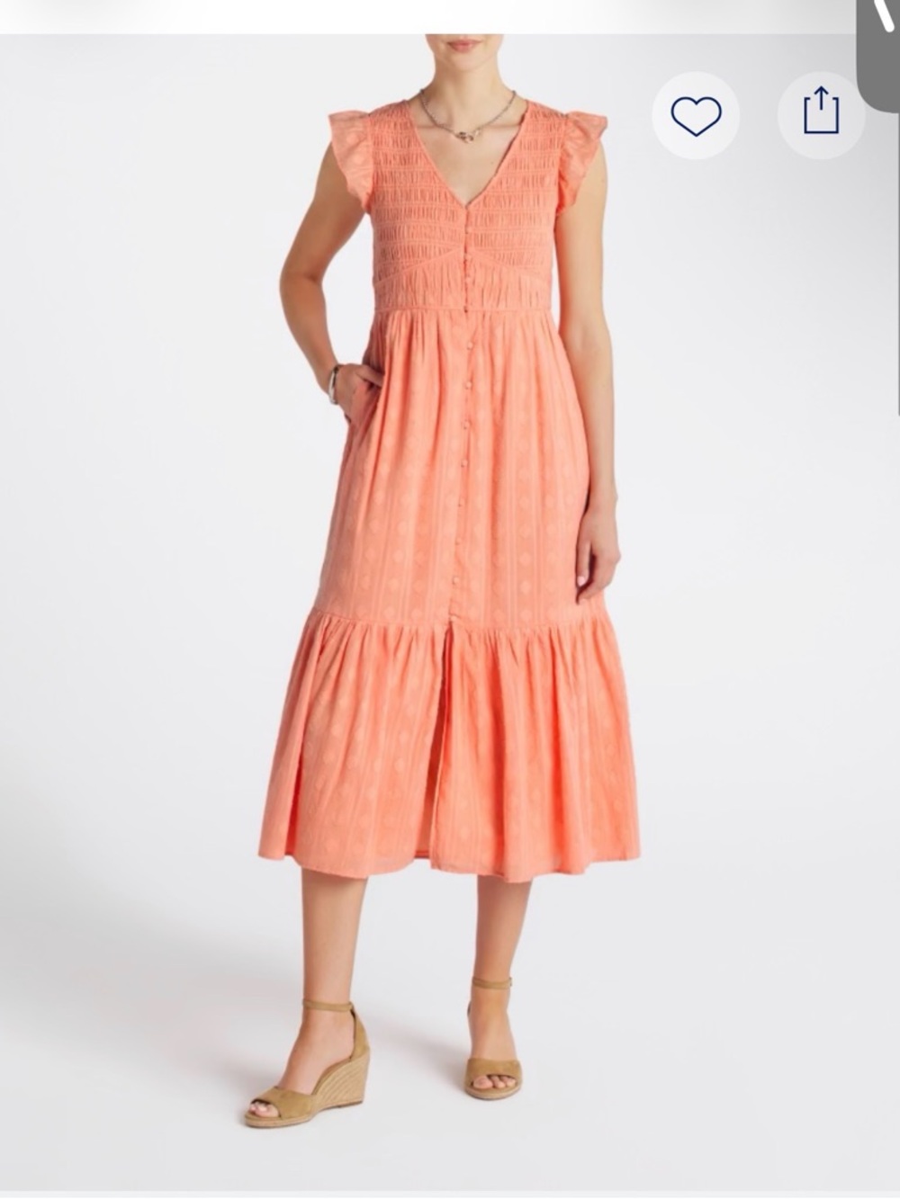 Smocked Coral Midi Dress with Flutter Sleeves